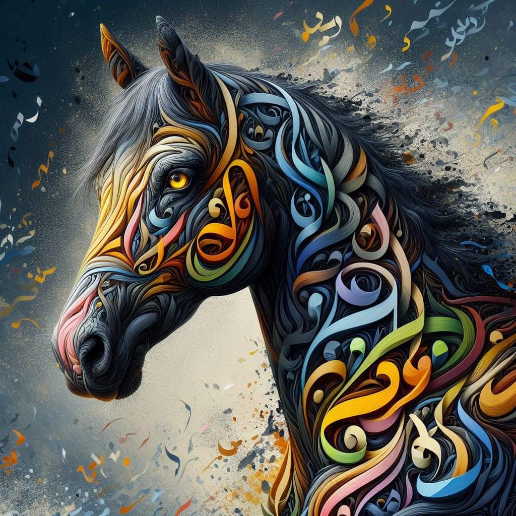 "سحر للعيون".. الحصان العربي يتناغم مع الحروف العربية في لوحة فنية